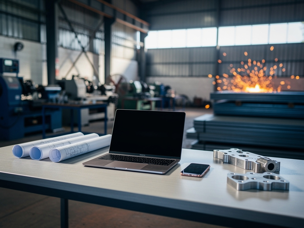 A simple workshop office desk with a laptop, a phone, rolled technical drawings and a metal part sample, nobody in frame