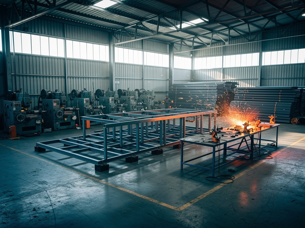 Wide view of the workshop floor with lathes, a welding bay and a steel frame under assembly.