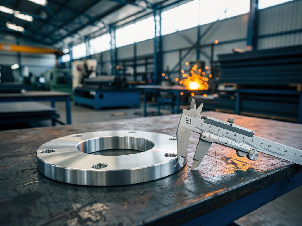 Close-up of a precision-machined steel flange resting beside a caliper on a workbench.