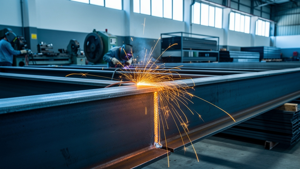 Bright orange sparks fly from a welding seam on a heavy steel structure in a dim workshop.