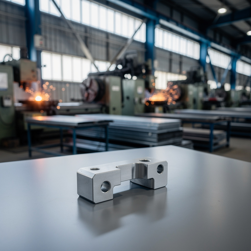 A custom machined steel part on a clean graphite-gray surface, unbranded.