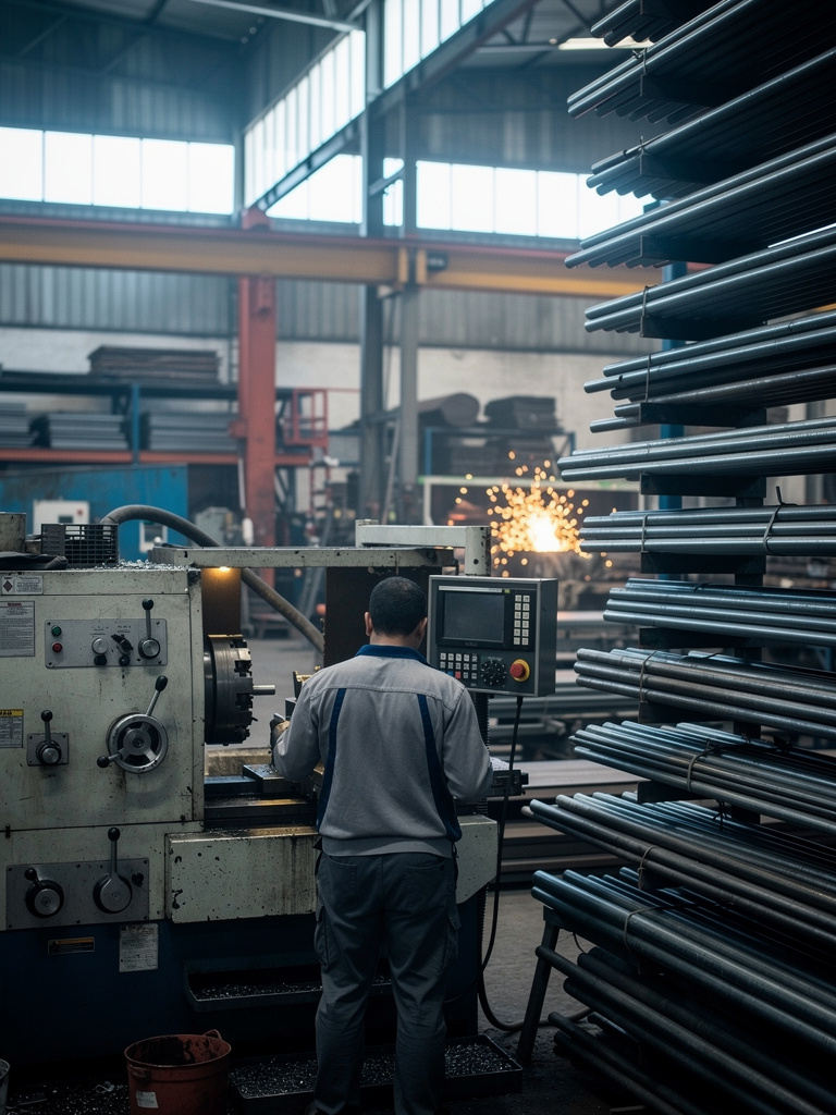 A machinist seen from behind works at a large lathe, with steel bars racked along the wall.